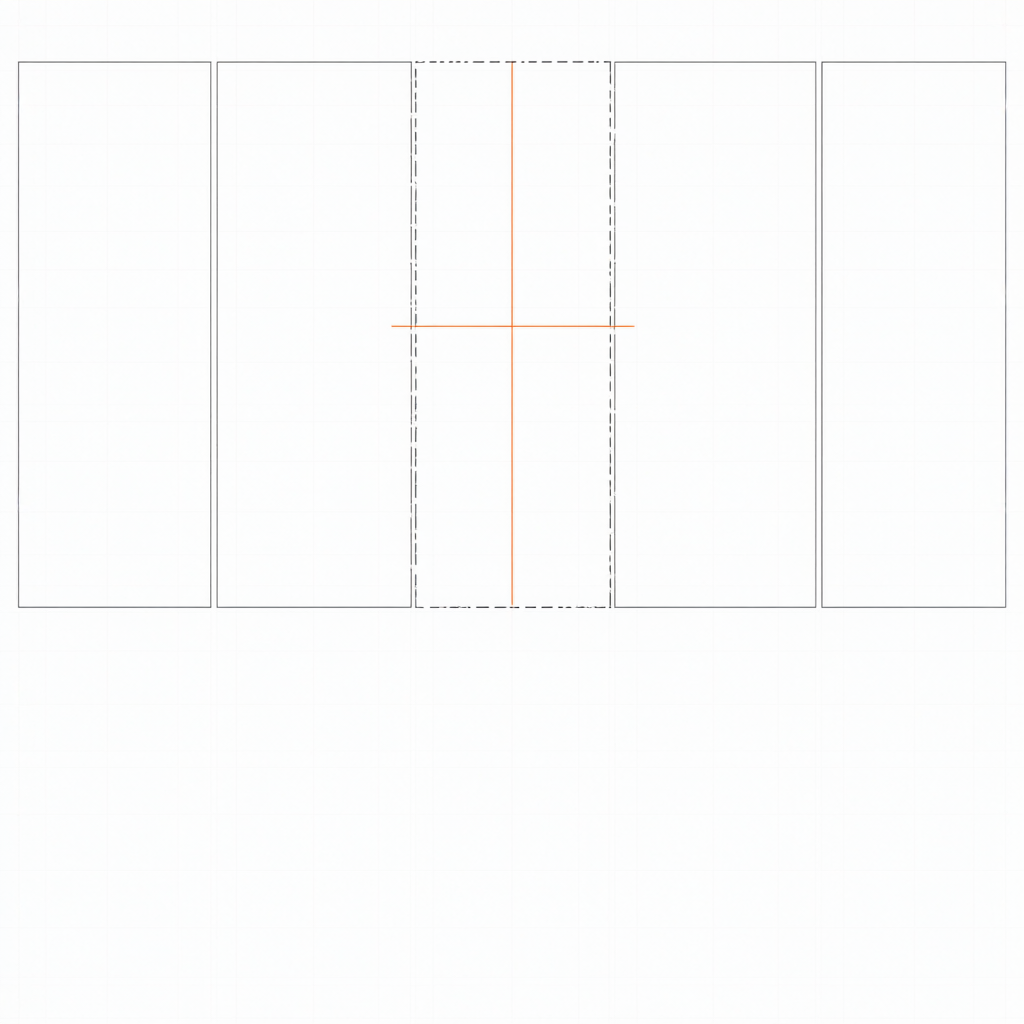 Five outlined blocks in a row on engineering paper, the middle block dashed and crossed with a thin orange line
