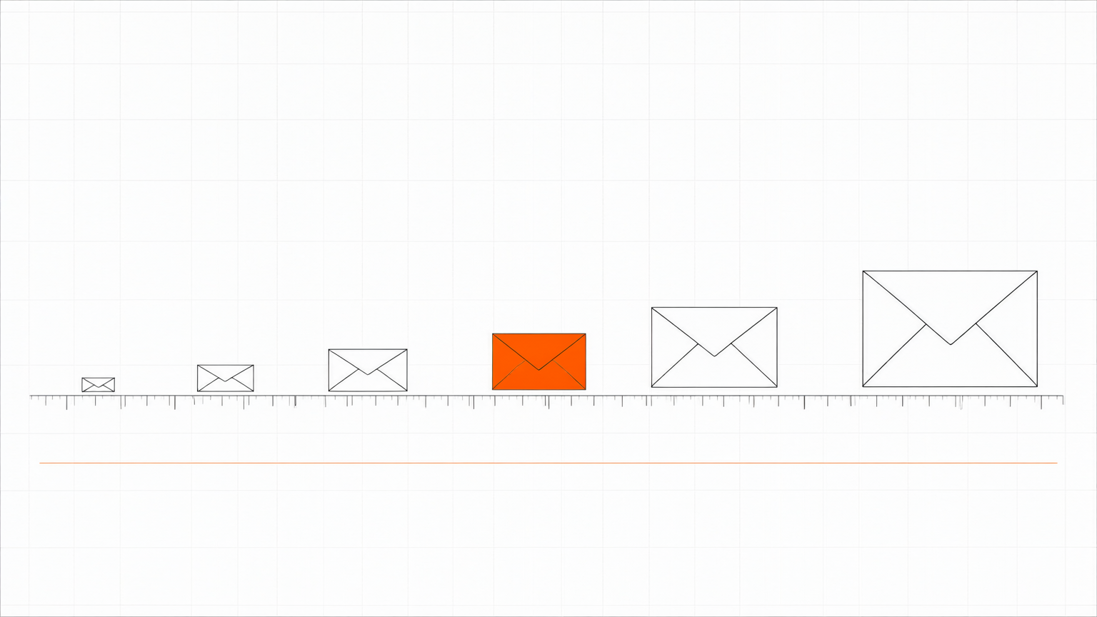 Five envelope-shaped meters of growing size drawn as an engineering ruler, the middle one highlighted in orange