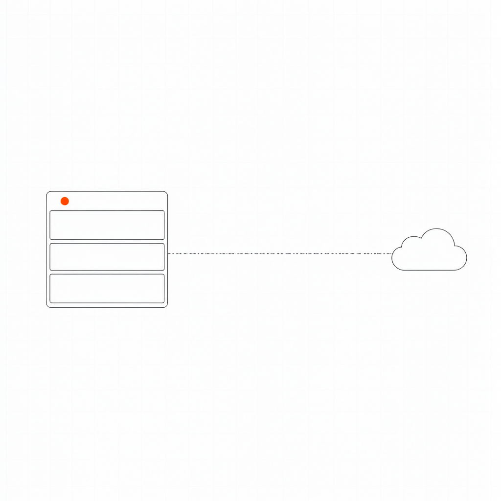 A small self-hosted runner rack with a single orange status dot, connected by a dashed line to the cloud control plane