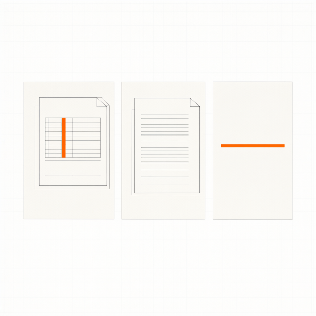 Three bill sheets on a fine engineering grid: one with a table grid and an orange column, one with stacked line items, one with a single orange line