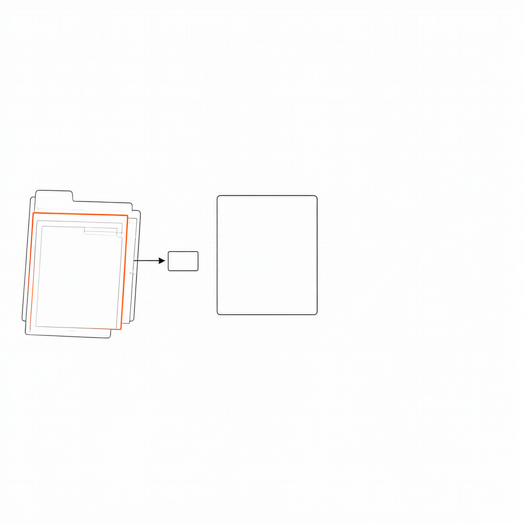 An open records folder with one orange-outlined sheet, an arrow leading to an empty system box