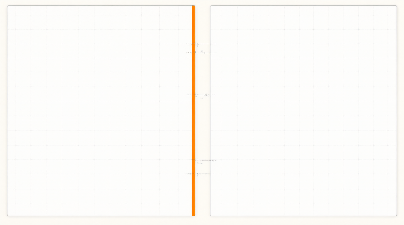 Two mirrored ledger panels separated by a bold orange bar, dashed lines crossing the gap