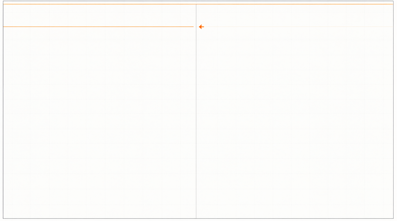 A ruled ledger on a fine grid with one orange row and an orange marker at the column break