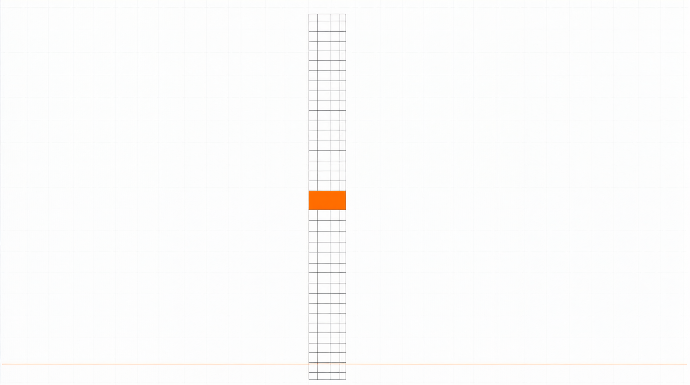 A wall of small grid blocks dividing the frame, with one block filled orange in the middle — the exit cost between the two ledgers