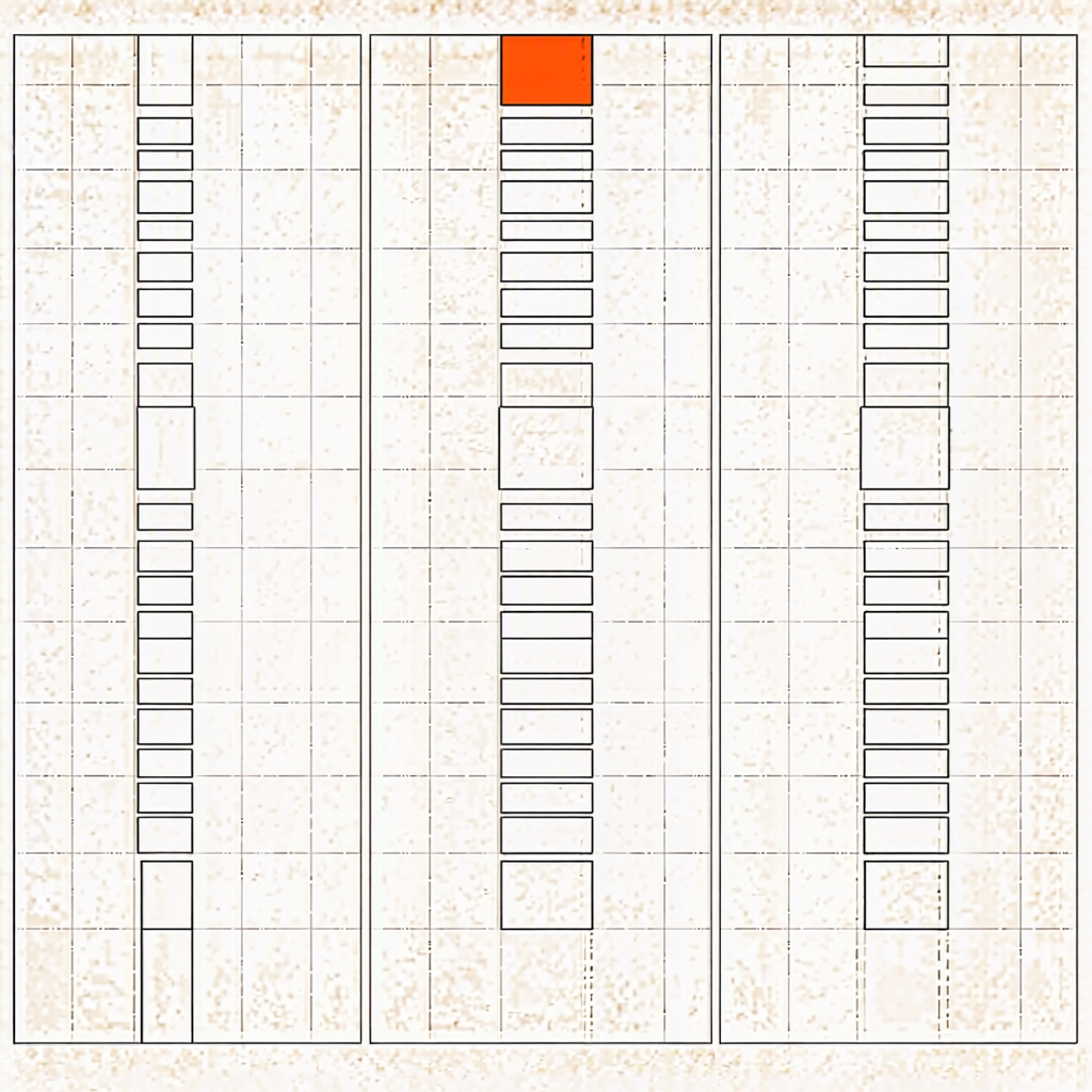 Three invoice sheets of different heights, the middle sheet marked with a single orange top line — the three counted monthly bills for the same 10-domain workload